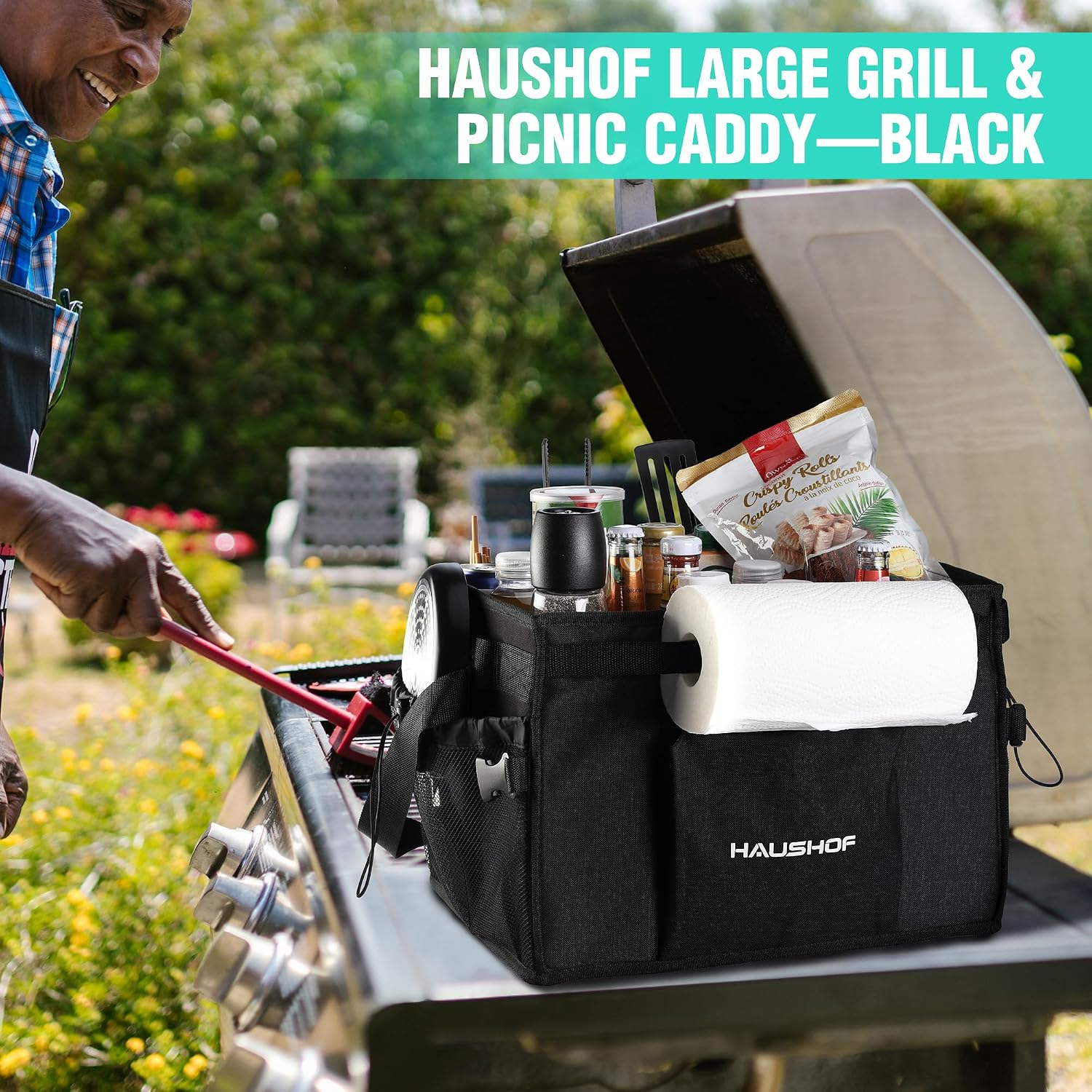 HAUSHOF Large Grill and Picnic Caddy with Paper Towel Holder | Condiment Pocket, Foldable BBQ Organizer Easy Carry Griddle Caddy for Camping, RV, Outdoor Waterproof Oxford Cloth (Black)