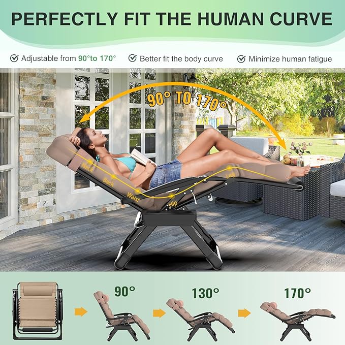 Suteck Oversized Zero Gravity Chair,33In XXL Outdoor Recliner Chair w/Removable Cushion&Headrest, Camping Lounge Chair w/Upgraded Lock&Footrest, Reclining Patio Chairs for Indoor Outdoor,500LBS