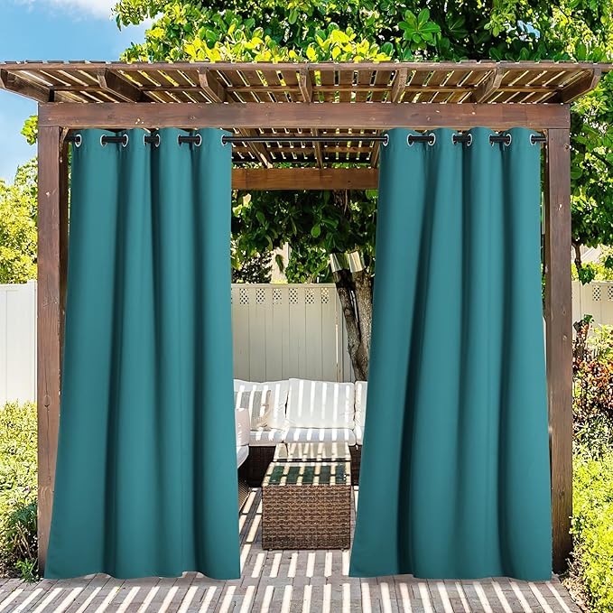 NICETOWN 2 Panels Outdoor Patio Curtains Waterproof 84 inches Long, Rustproof Grommet Gazebo Curtains Thermal Curtains Indoor Outdoor Window Drapes for Porch/Pergola, Peacock Teal, W52 x L84