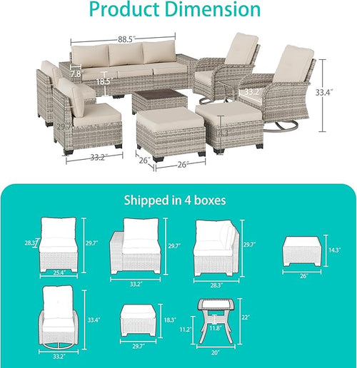 11-Piece Outdoor Patio Furniture Set with Rocking Swivel Chair Wicker Sectional Sofa Set, Patio Conversation Set with Ottomans & Coffee Table for Garden, Backyard, Poolside, White