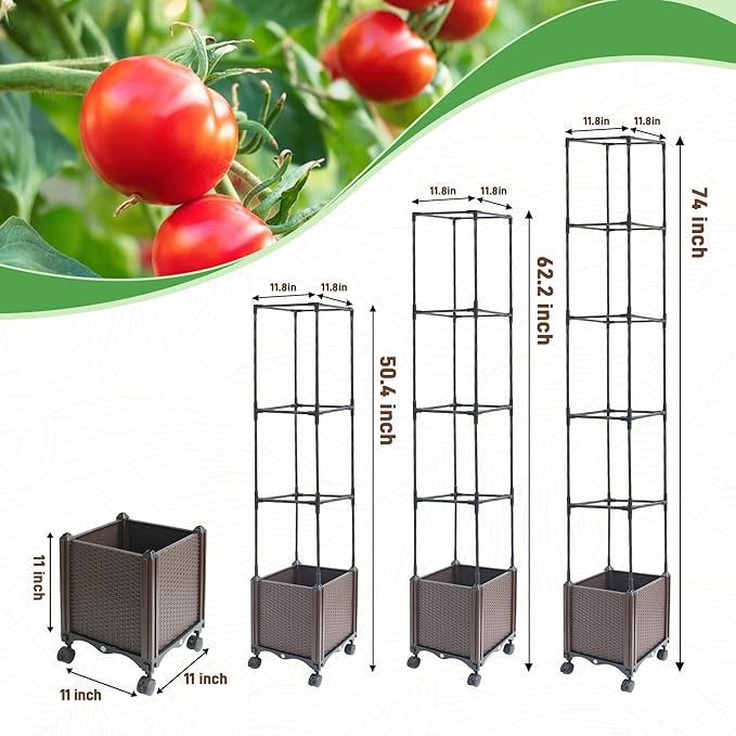 Raised Garden Bed Planter Box with Trellis, 74" Self-Watering Tomato Planters for Climbing Plants Vine Flowers Outdoor Patio, Tomatoes Cage with Wheels, 1Pack