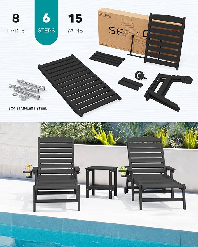 SERWALL Patio Chaise Lounge Chair, 78'' Long HDPE 5 Positions Adjustable Outdoor Lounger, Poly Lounge Chair with Rolling Wheels & Cup Holder for Pool, Obsidian Black