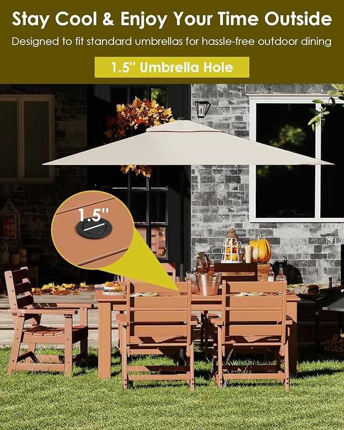 GREENVINES 5-Piece Outdoor Dining Set | HDPE | Patio Table and Chairs Sets for 4 | Patio Furniture | All Weather | Umbrella Hole | Teak | for Backyard Poolside Garden
