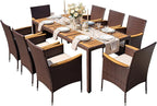 Greesum 9 Pieces Outdoor Patio Dining Set, Conversation Sets with 1 Table and 8 Rattan Chairs with Curved Acacia Wooden Armrests and Cushions, Brown