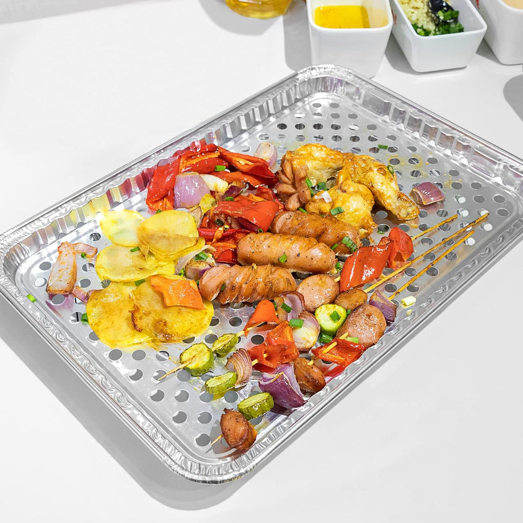 15 Pack Disposable Aluminum Foil Grill Topper Pans, Grill Grate Liners, BBQ Grill Accessories for Outdoor Cooking and Camping - Prevents Food from Falling into Grill or Sticking to Grate