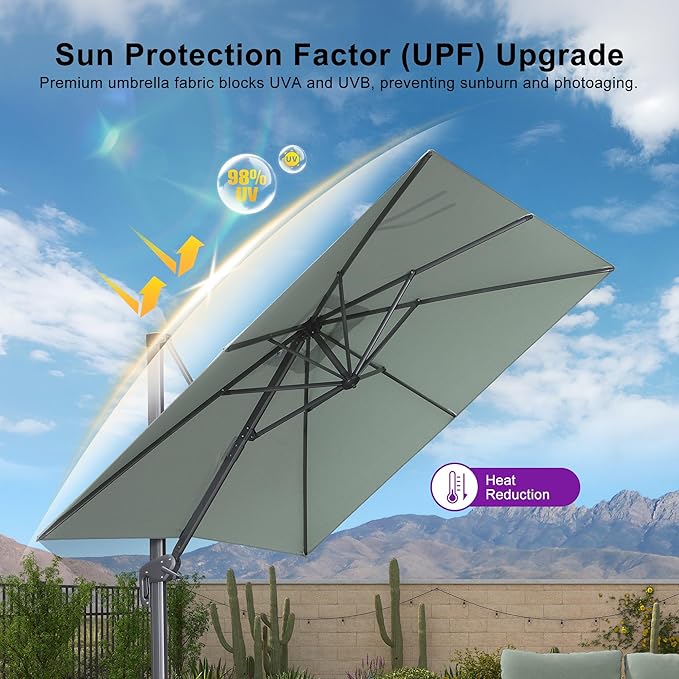 PURPLE LEAF 8 FT Outdoor Umbrella with Base Patio Cantilever Aluminum Umbrella with 3 Years Fade Resistance Recycled Fabric Offset Square with 360-degree Rotation for Deck Pool Garden, Mint Green