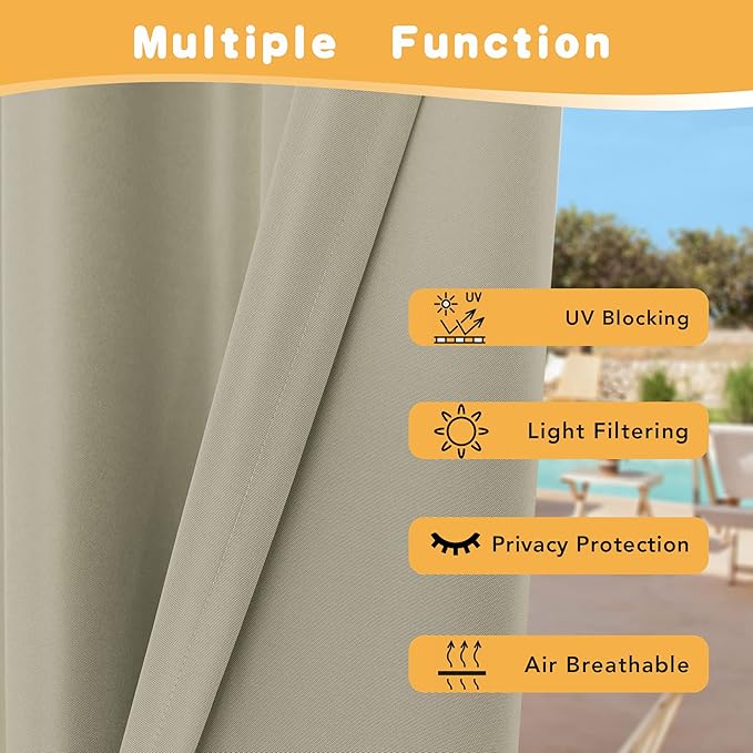 HolidayIdeas Outdoor Curtains for Patio Waterproof, 4 Panels - 54 x 120 Inch - Privacy Protection & Light Filtering Curtains Taupe Grommet Outside Curtains for Porch, Gazebo, Pergola, Backyard