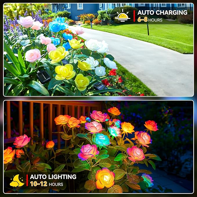 WdtPro Solar Garden Lights Outdoor, 4 Pack Solar Light Outdoor with 20 Rose Flowers, Waterproof 7 Color Changing Solar Powered Flowers Lights for Outside Patio Yard Pathway