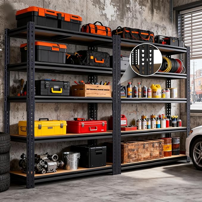 Garage Shelving, 2400 LBS Metal Storage Shelves, 12" x 28'' x 60'' Heavy Duty Shelf, Adjustable Shelving Rack, Standing Shelf Units, Shelves for Garage Storage