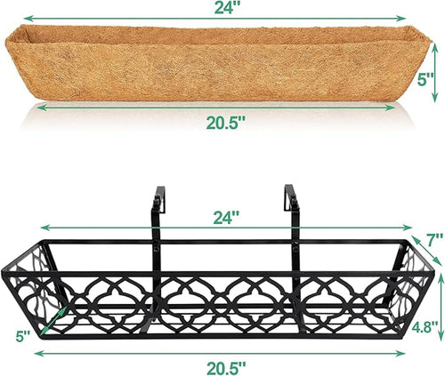 4pcs 24 Inch Window Deck with Coco Liner, 24" Window Boxes Horse Trough with Coconut Coir Liner, Metal Hanging Flower Planter Window Basket Deck Railing Planter Boxes for Outdoor Indoor Lawn