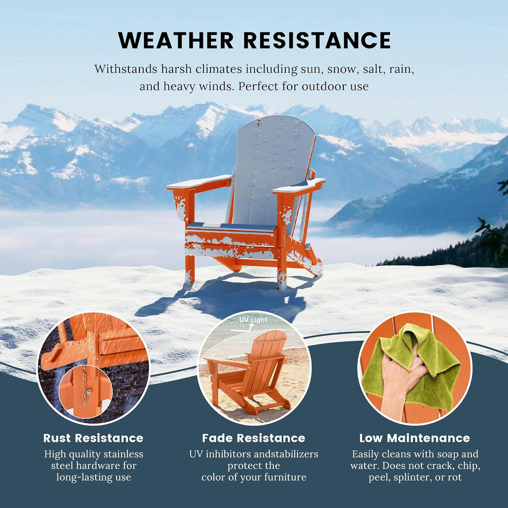 WO Home Furniture Laguna Folding Adirondack Chair, HDPE Patio Chair, All Weather Use Fire Pit Chair for Outdoor Garden, Backyard, Deck, Pool, Orange