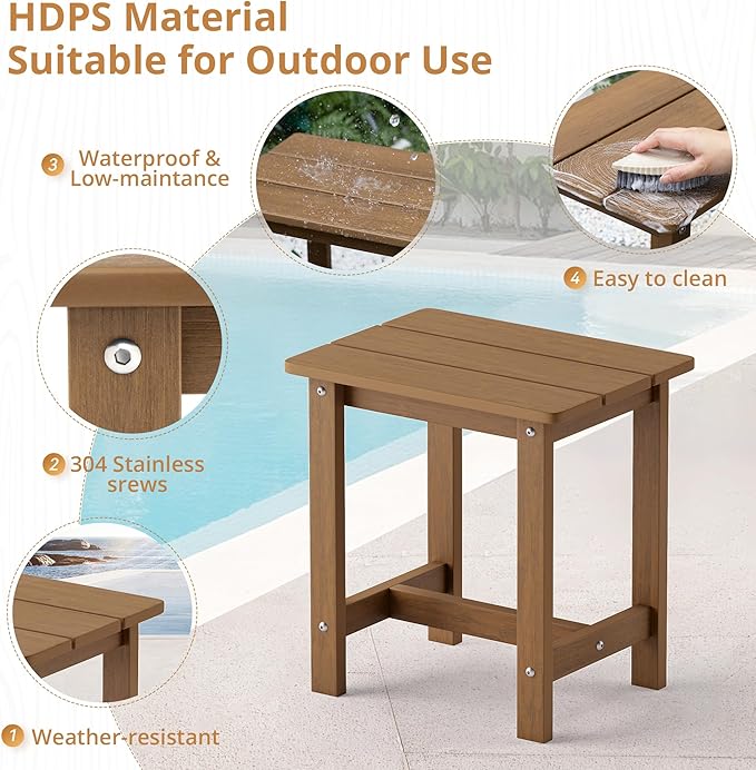 LUE BONA Outdoor Side Table Set of 2, HDPS Small Outdoor Table, Adirondack Side Table, Outside End Table for Patio, Porch, Deck, Pool, Weather Resistant/Easy Maintenance/Indoor or Outside Use, Brown