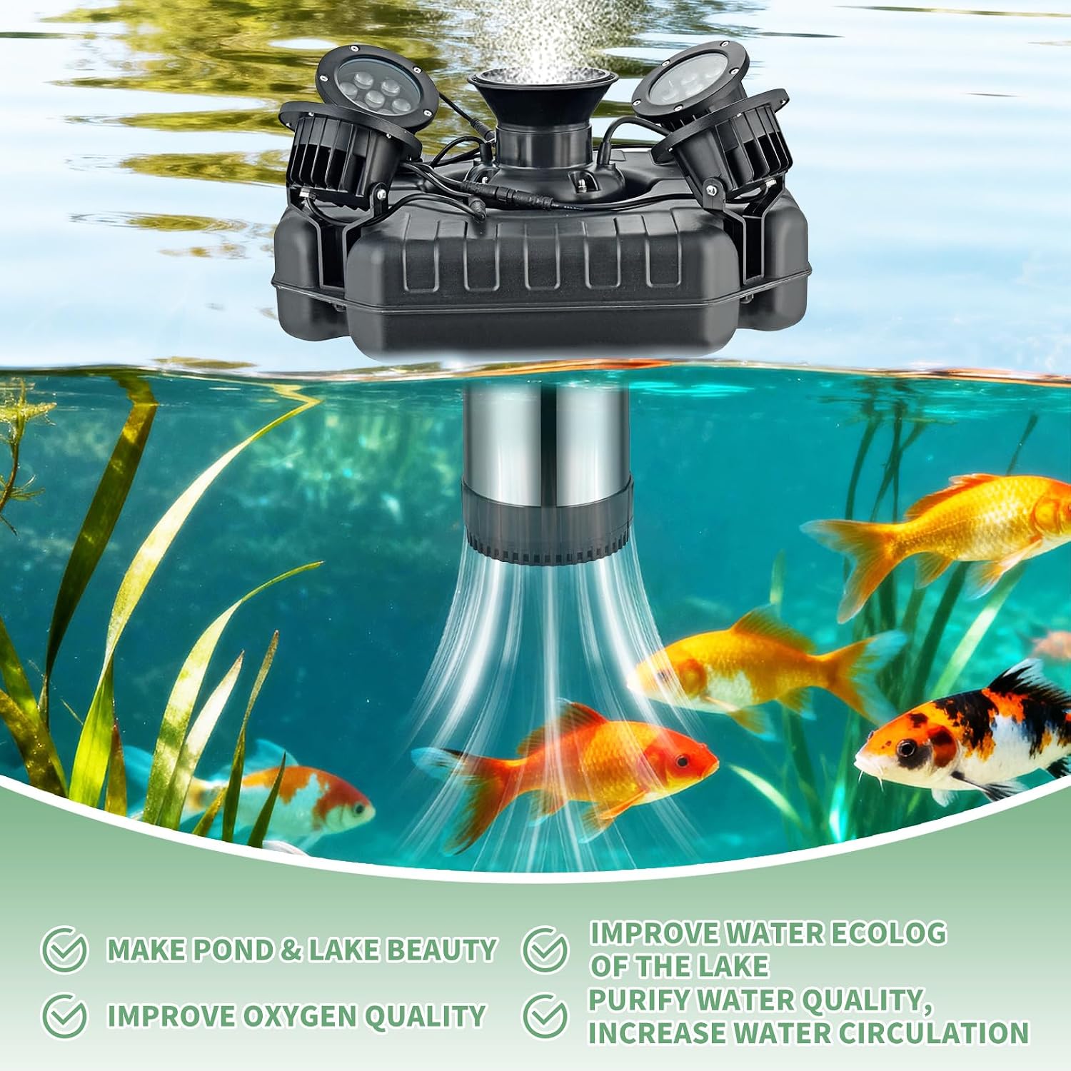 F3 Floating Pond Fountain Aerator, 1HP 750W 110V Stainless Steel Pump with 4 RGB Lights & 100FT Power Cord, Black Octagon Aerating Fountain for Ponds, Lakes, Pools and Fish Farms (Four Lights)
