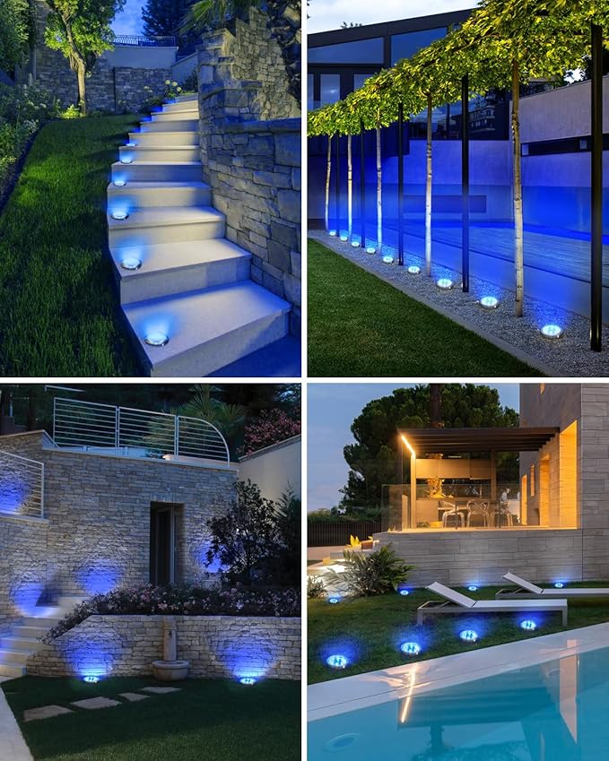 btfarm 4 Pack Solar Lights Outdoor, 8 LED Solar Ground Lights IP65 Waterproof Flat Solar Disc Light, Pathway Lights for Garden Lawn Patio Yard Path Landscape, Blue