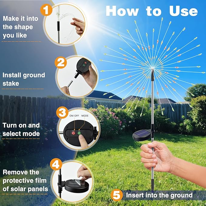 btfarm 2 Pack Solar Garden Lights Outdoor 8 Modes, 120 LED Firework Lights Solar Powered, Waterproof Twinkle Fairy Light Outside for Yard Pathway Lawn Pool Patio Christmas Decorative, Multicolor