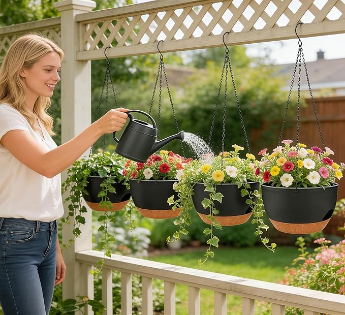 Set of 4-8 Inch Self Watering Hanging Planters for Indoor Outdoor，Hanging Plant Pots with Drainage & Removable Tray, Hanging Pots Holder for Ivy, Pothos, Ferns, Balcony & Patio, Black Brown