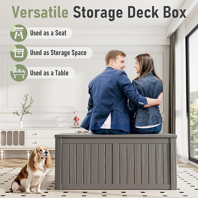 Outdoor Storage Box, Resin Deck Boxes Indoor and outdoor, Waterproof Storage Box Lockable Lid (Grey,150 Gallon)