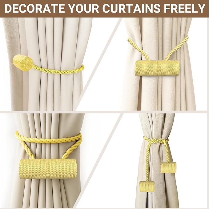 Hion Magnetic Curtain Tiebacks Golden 4 Pack, Curtain Tiebacks Buckles Holdbacks Holders Hooks Clip for Home Bedroom Office Decorative Thick or Thin Curtain