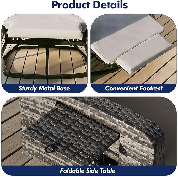 Outdoor Recliner Chair Set of 2, Wicker Patio Recliners with Adjustable Backrest and Extended Foot Rest, Reclining Patio Chairs with Flip Table & Removable Cushion Cover for Porch