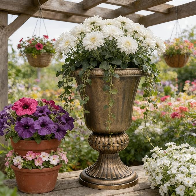 Athena Collection 20''H Bronze Garden Plastic Urn - Vintage Tall Large Planter for Indoor Outdoor Patio Porch, 2 Pieces Flower Pot, Bronze