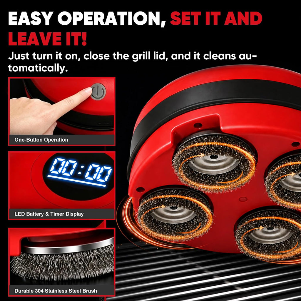 Grill Cleaning Robot, Electric Grill Brush with 4 Heads, 304 Stainless Steel Rotary Brush, Cordless Rechargeable BBQ Cleaner, 150Mins Runtime, 380 RPM, Automatic Grill Cleaner for Outdoor Grill, Red