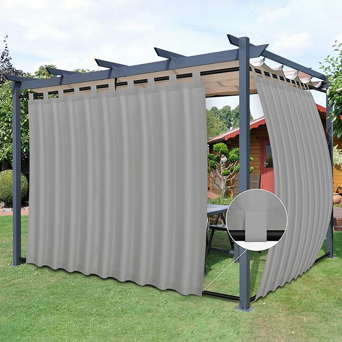 Easy-Going Outdoor Patio Curtains Detachable Tab Top Windproof Weatherproof Curtain for Cabana, Porch, Pergola and Gazebo, Tab Bottom Drape, 2 Panels, 110W x 120L inch, Light Grey