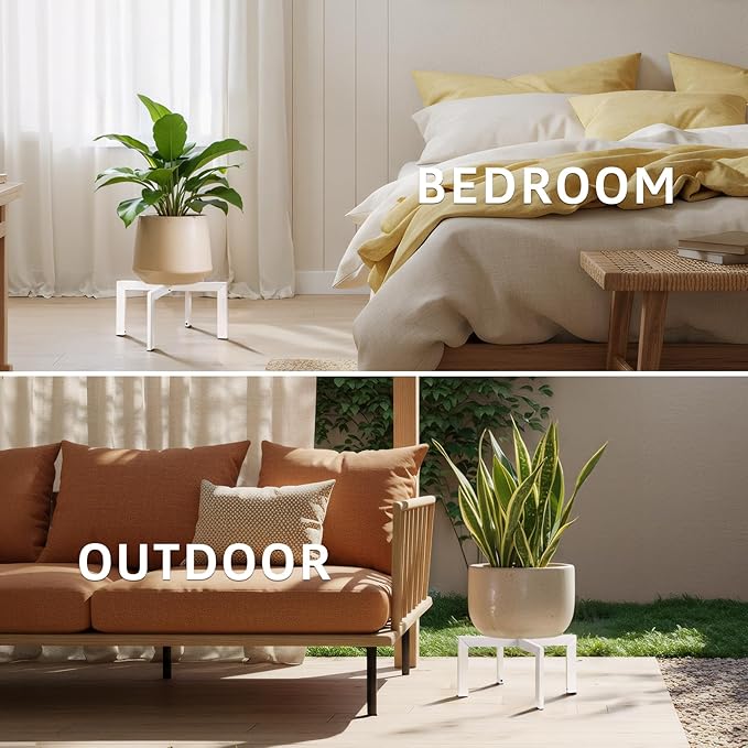 IZIDDO Plant Stand Indoor Outdoor,Metal Mid-Century Pot Stand,Modern Plant Holder Rattan Flower Plant Stool,Low Short Plant Stands for Indoor Fit 5-12 Inch Pot,White(Pot & Plant Not Included)