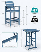 SERWALL Balcony Adirondack Chairs and Table 3 Pieces Set, Adirondack Bar Height Chairs Set of 2 and Bar Table, Outdoor Bar Stools Set for Bistro, Poolside, Backyard, Blue