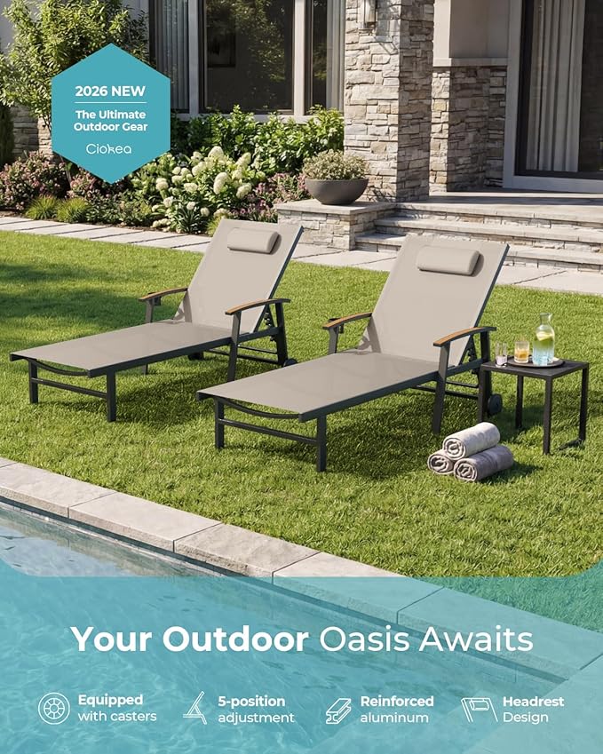 Ciokea Outdoor Lounge Chair with Pillow, 5-Position Aluminum Chaise Lounge with Wheels & Armrests, 400 lbs Heavy Duty Patio Pool Chair for Deck, Backyard, Beach & Poolside, Khaki