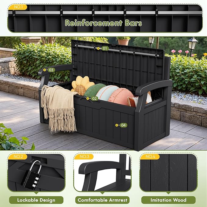 Greesum 80 Gallon Deck Box Storage Bench, Patio Furniture, Lockable, Waterproof and UV Resistant,with Armrest, Suitable for Garden, Porch, Poolside, Dark Black