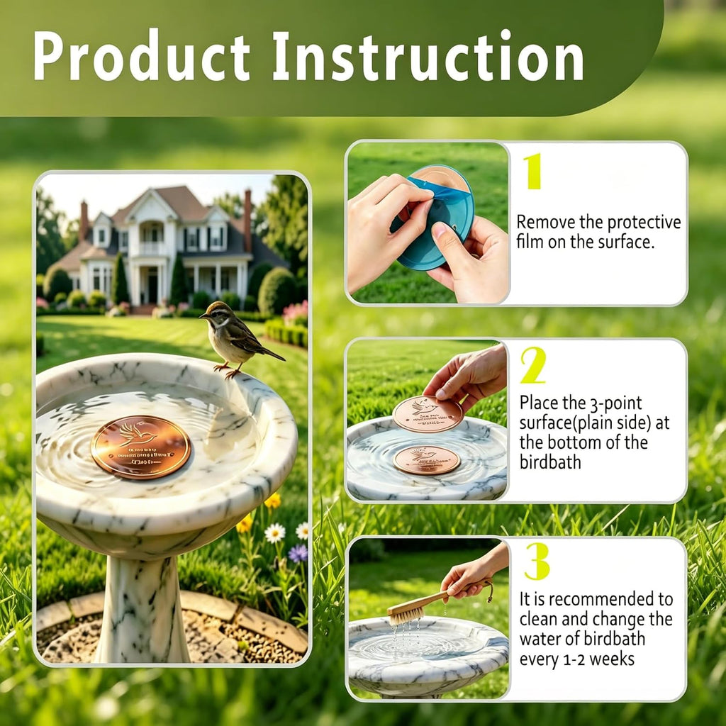 Bird Bath Copper Disk, 99.9% Pure Copper Disc to Keep Water Clean, Physical Safe Water Purification for Garden Birdbaths, Universal Fit for Concrete, Glass & Ceramic Bowls, All-Season Cleaner