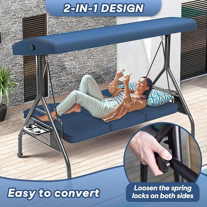 3 Seat Outdoor Porch Patio Swing with Stand 800lbs 2-in-1 Convertible Swing Bed with Adjustable Canopy & Removable Cushion for Yard Garden Deck (Blue, Round Tube)