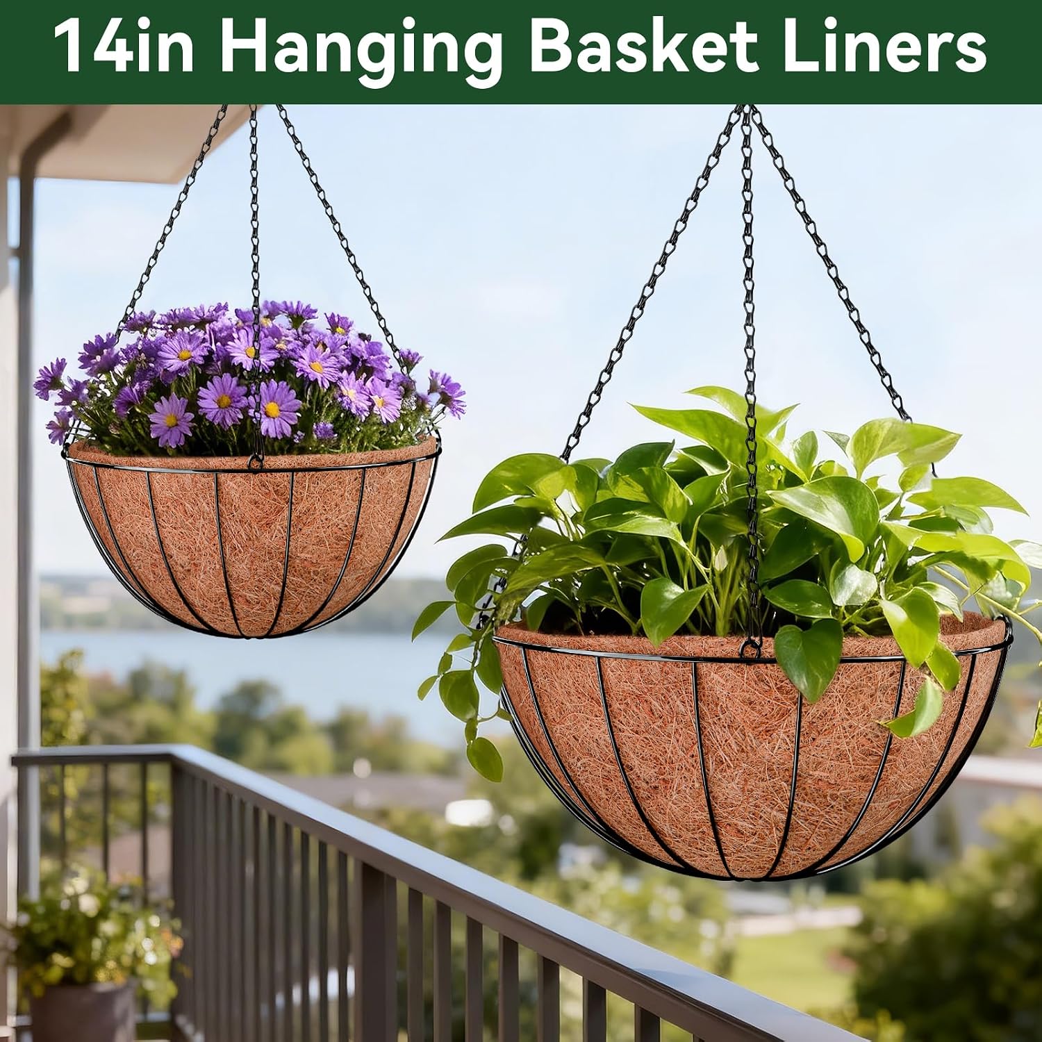 6 Pack 14 Inch Coco Liners for Planters, Hanging Basket Liners | Round Coco Coir Fiber Replacement Liner for Flowers Vegetables Patio Garden Porch Decor,Breathable Drainage,Cuttable DIY