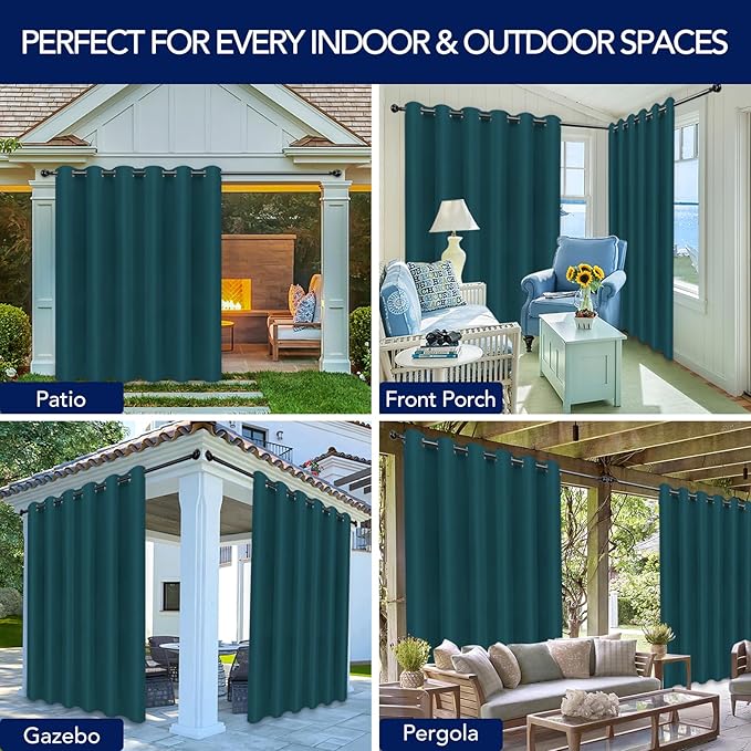 PureFit Outdoor Curtains for Patio Waterproof Weatherproof, UV and Fade Resistant Outside Curtains for Gazebo, Front Porch, Pergola, Sun Blocking Privacy Curtain, 100W x 84L inch, 1 Panel, Teal