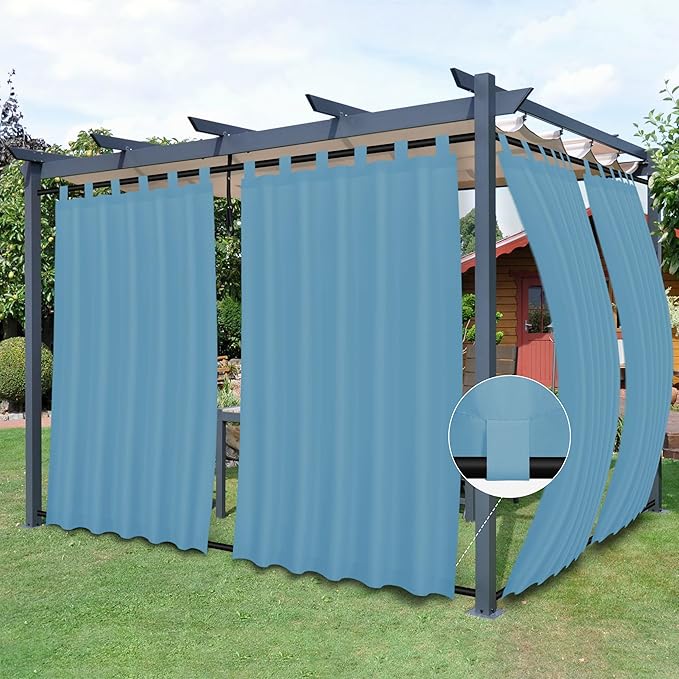 Easy-Going Outdoor Patio Curtains Detachable Tab Top Windproof Weatherproof Curtain for Cabana, Porch, Pergola and Gazebo, Tab Bottom Drape, 2 Panels, 54W x 84L inch, Sky Blue