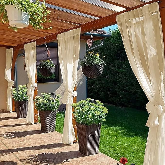 SpaceDresser Waterproof Outdoor Sheer Curtains for Patio - 4 Panels Rod Pocket Indoor Voile Sheer Curtain for Living Room,52W x 96L inch, Beige
