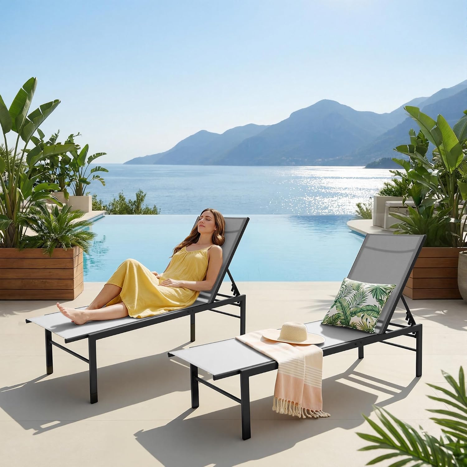 Chaise Lounge Chair Outdoor, Patio Lounge Chair with Adjustable 5-Position, Pool Lounge Recliner Chairs for Outside, Beach, Yard,Gray