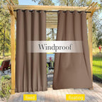 NICETOWN 2 Panels Waterproof Outdoor Curtains Fixed Grommet & Back Tab on Top & Bottom, Thermal Insulated Keep Rain & Sun Out Blackout Windpoorf Outdoor Draperies with Rope, W52 by L108, Tan-Khaki