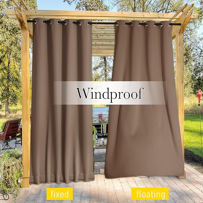 NICETOWN 2 Panels Outdoor Curtains for Patio Waterproof & Windproof, Thermal Insulated Top & Bottom Grommet & Back Tab Light Block Outdoor Drapes with Bouns Rope for Fixed, Tan, W84 by L95