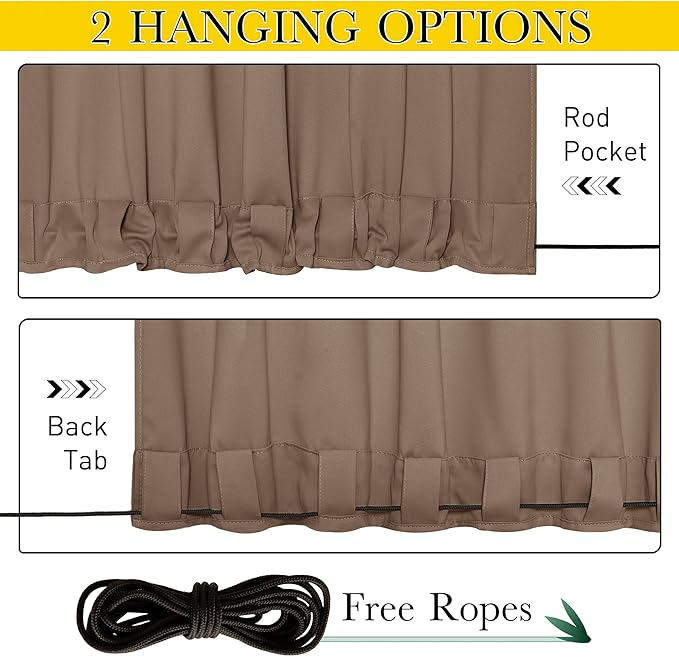 NICETOWN 2 Panels Weighted Blackout Curtains for Patio Waterproof, Grommet & Back Tab on Top & Bottom Windproof Blackout Outdoor Curtains for Porch with Bouns Rope for Fixed, Tan, W84 x L84