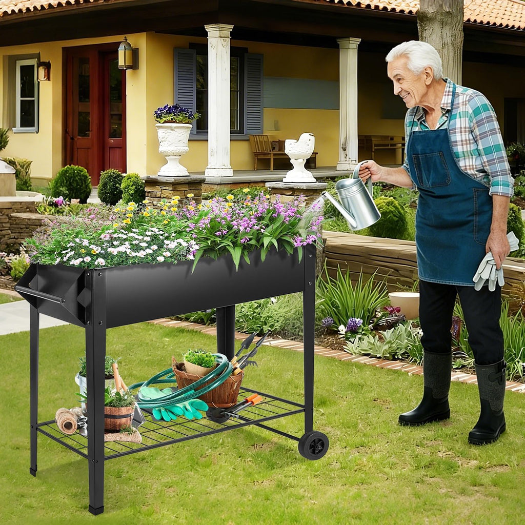 32" rolling raised garden bed with wheels, metal shown in use