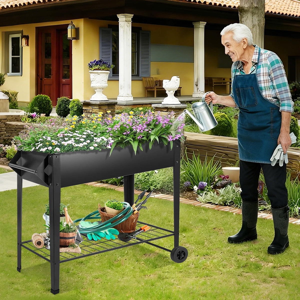 32" rolling raised garden bed with wheels, metal shown in use