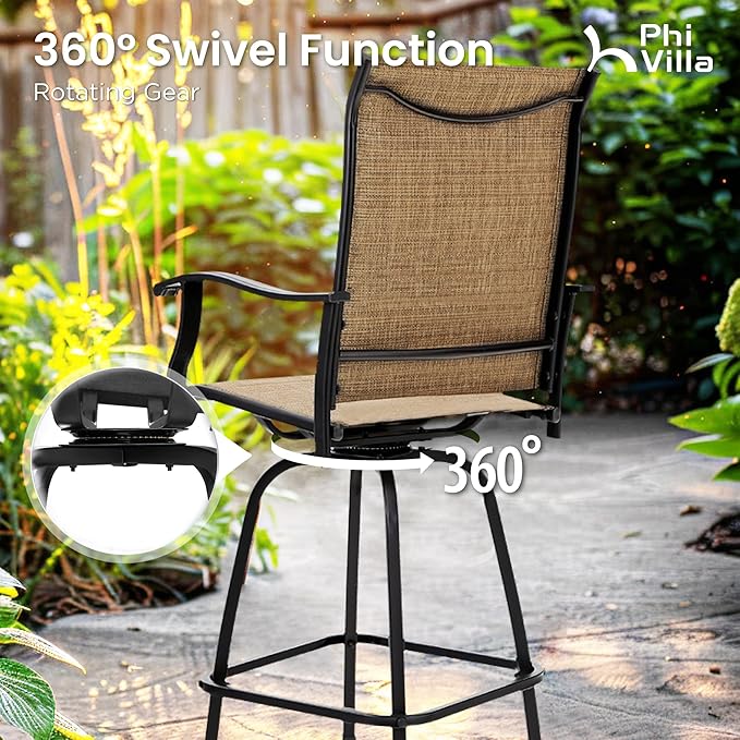 PHI VILLA Outdoor Patio Bar Set of 6, Patio Bar Table and Chair Set with Textilene Outdoor Swivel Bar Stools and Wood Like Bar Table, All-Weather Patio Bar Furniture Set for Garden, Brown
