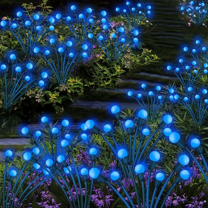 Kohlrabi Solar Garden Lights Outdoor, 4 Pack 40 LED Solar Blue Firefly Lights Waterproof, Starburst Wind Swaying Light for Outside Yard Patio Planter Flower Bed Walkway Christmas Decoration