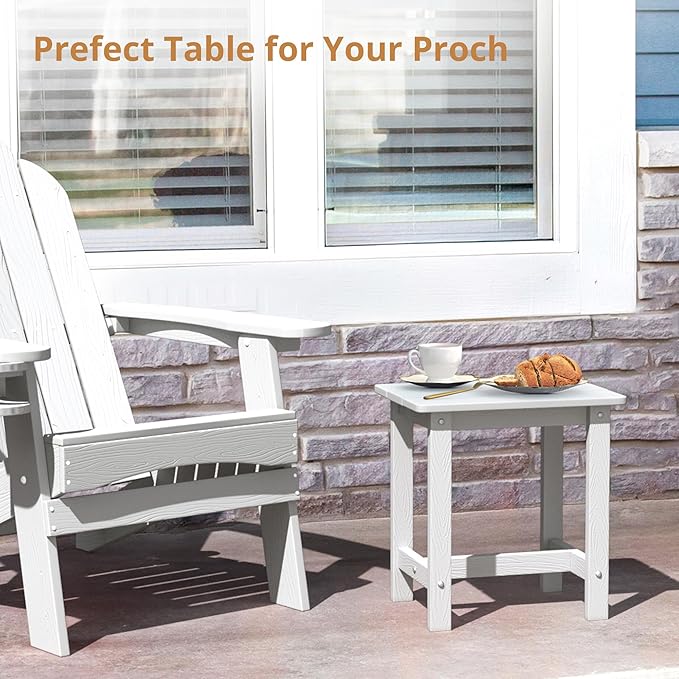 LUE BONA Outdoor Side Table, HDPS Small Outdoor Adirondack Side Tables, Outside End Table for Patio, Porch, Deck, Weather Resistant/Easy Maintenance, White