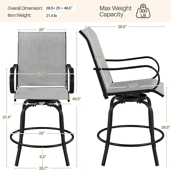 Yaheetech Patio Swivel Barstools Outdoor Chairs Set of 6, High Bistro Stools Outdoor Furniture, All-Weather Patio Stools for Outside, Beach, Lawn, Poolside and Garden, Black/Light Gray