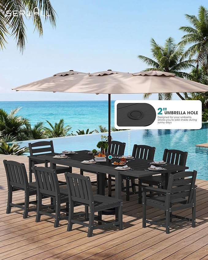 SERWALL 11-Piece Outdoor Dining Set, 60" - 83" Expandable Outdoor Dining Table and 10 HDPE Chairs, All Weather HDPE Outdoor Furniture Set for Backyard, Garden, Black