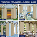 PureFit Outdoor Curtains for Patio Waterproof Weatherproof, UV Resistant Outside Curtains for Gazebo, Front Porch, Pergola, Sun Blocking Privacy Curtain, 52W x 108L inch, Set of 2, Beige