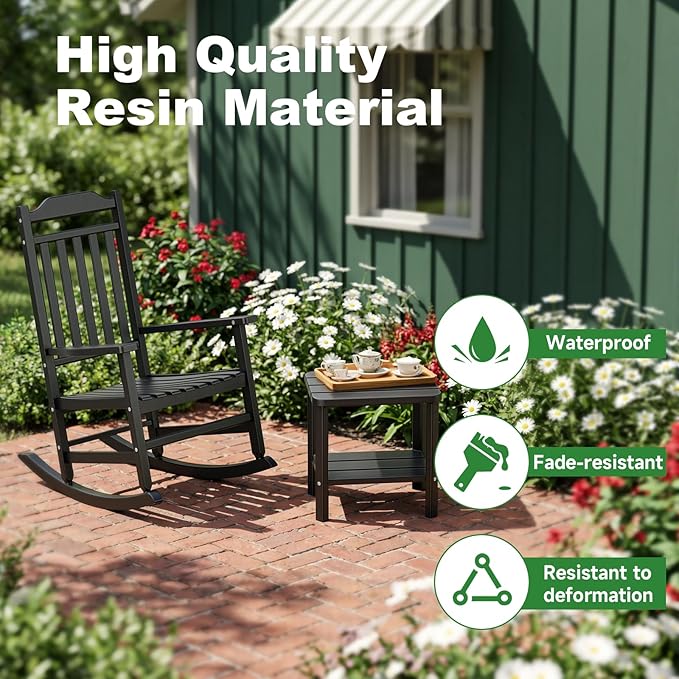 3 Piece Outdoor Rocking Bistro Set, Rocking Chairs Outdoor Furniture, Resin Waterproof Sun-Proof Patio Furniture Set for Garden, Pool, Backyard（3, Black）
