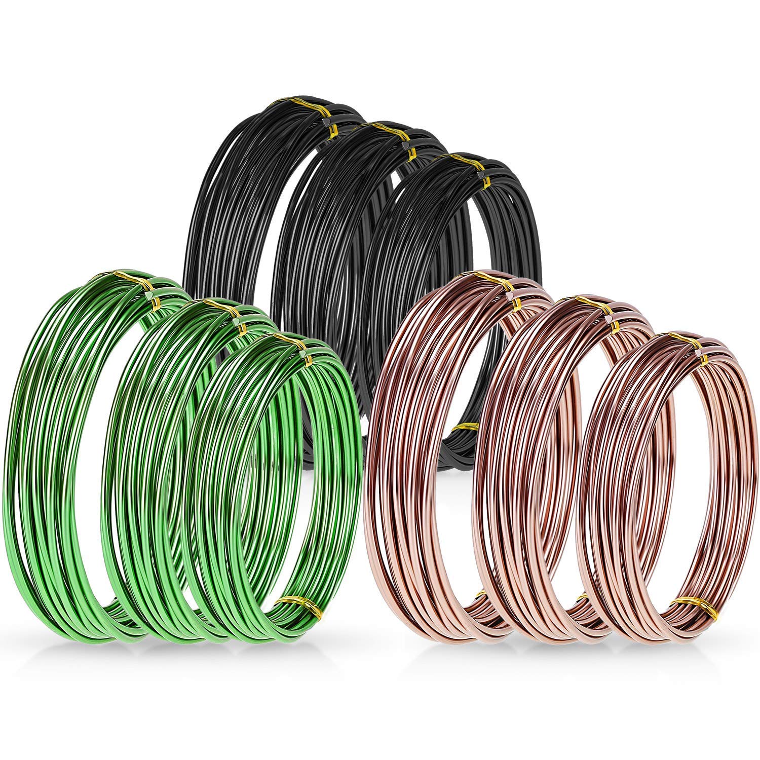 Zhanmai 9 Rolls Anodized Aluminum Bonsai Training Wires 3 Sizes (1.0, 1.5, 2.0 mm) Total 147 Feet Black Plant Training Wire for Fine Trunk Branch Control(Black, Brown, Green)